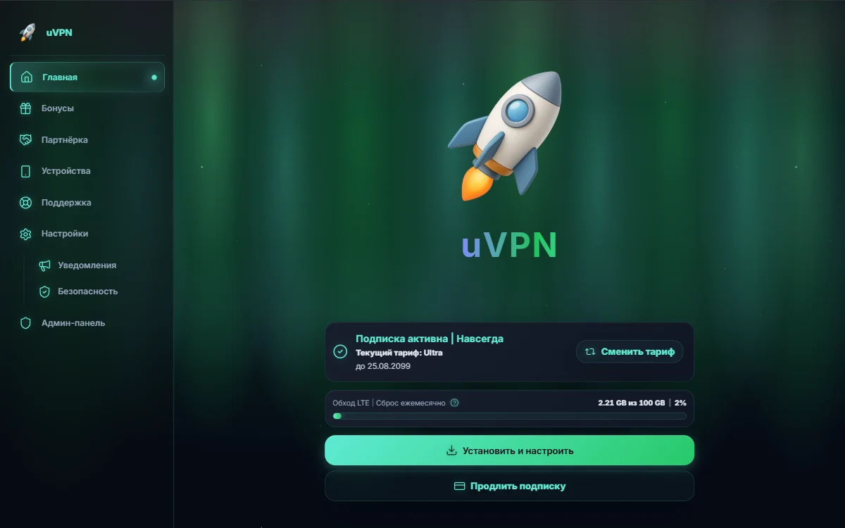 Aurora: интерфейс Minishop с бирюзовыми акцентами и полярным сиянием